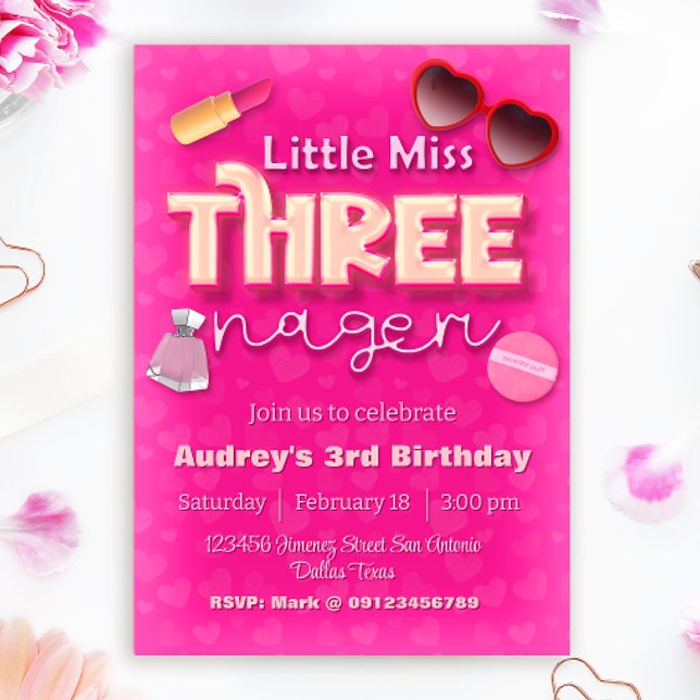 Invitation Petite Mademoiselle Threenager - 3e anniversaire (Little Miss Threenager - Girl 3rd Birthday Invitation)