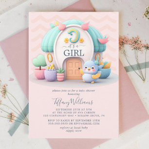 Invitation Petite maison avec dragon Baby shower fille