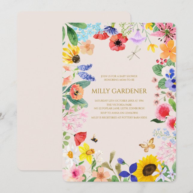Invitation Petite maman fleur sauvage à Bee Baby shower (Devant / Derrière)