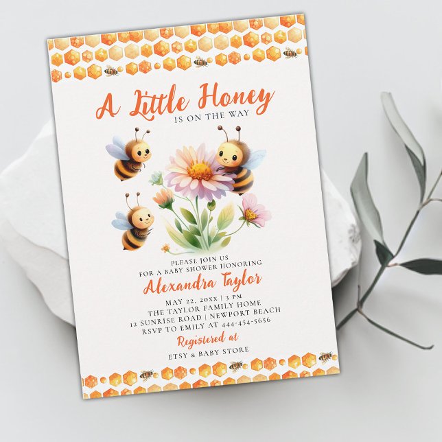 Invitation Petite miel mignonne abeilles Fleur sauvage bébé f (little honey bee baby girl shower invitation watercolor illustration cute whimsical wildflower)