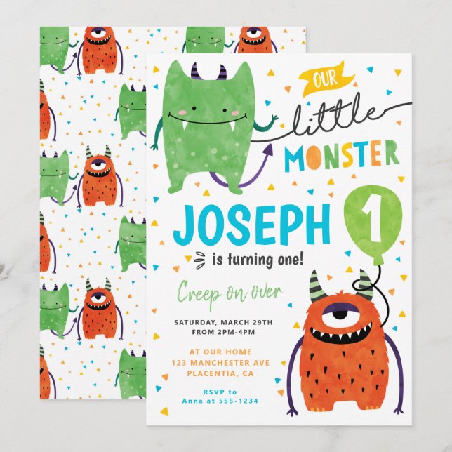 Invitation Petite mignonne Monster fête d'anniversaire (Devant / Derrière)