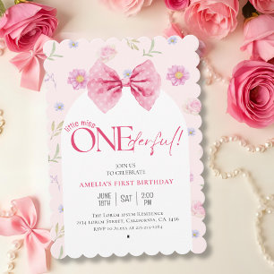 Invitation Petite miss fleurie Pink Bow Onederful 1er anniver