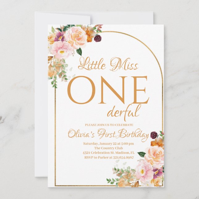 Invitation Petite Miss Onederful Boho Flowers Anniversaire (Devant)