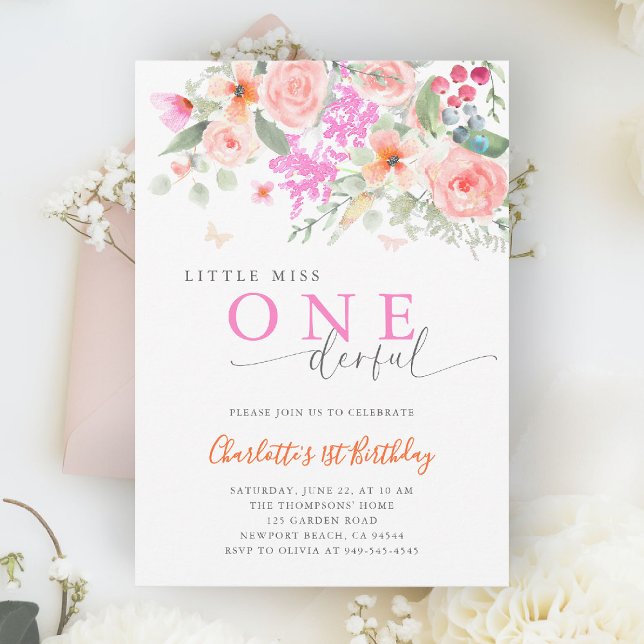 Invitation Petite Miss Onederful Bright Girl 1er anniversaire (little miss onederful girls 1st birthday invite colorful garden wildflowers watercolor calligraphy)