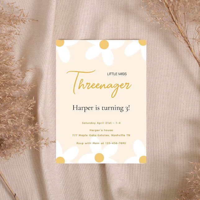 Invitation Petite Miss Trois Reenager Rose Daisy Anniversaire (Créateur téléchargé)