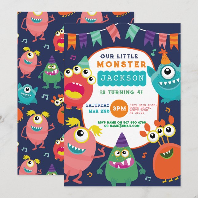 Invitation Petite Monster Anniversaire Amusants Garçons Invit (Devant / Derrière)