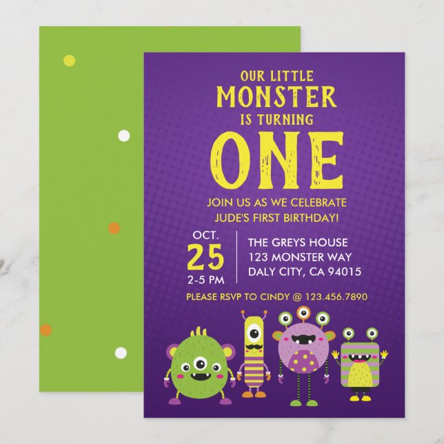 Invitation Petite Monster Première Fête d'anniversaire Invita (Devant / Derrière)