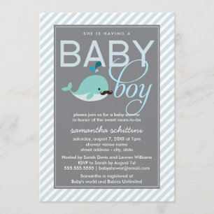 Invitation Petite moustache de baleine de garçon bleu moderne