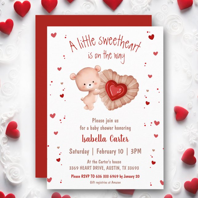 Invitation Petite Ours Petite Amoureuse Baby shower Valentine (Little Sweetheart Bear Red Valentines Baby Shower Invitation)