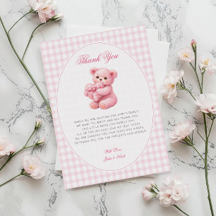 Invitation Petite Ourson Rose à Carreaux Baby Shower