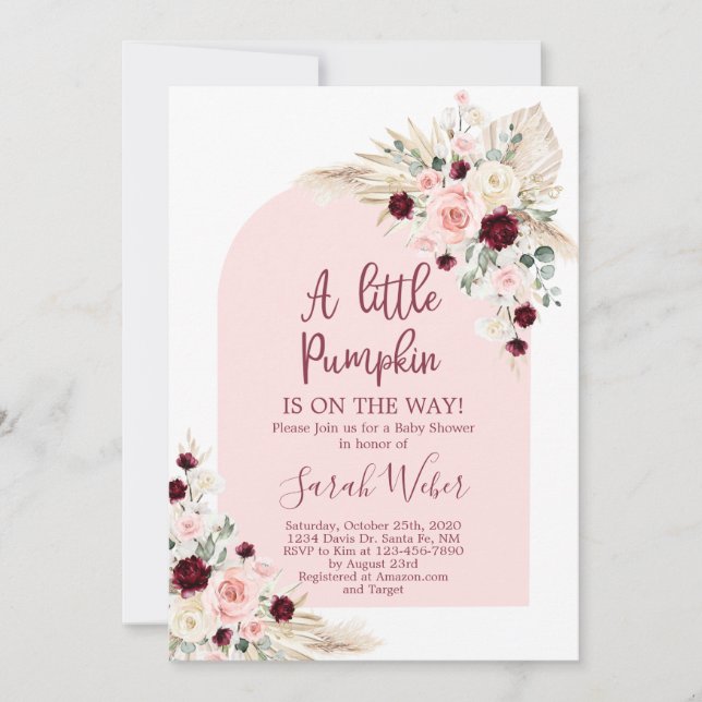 Invitation  Petite pampas citrouille baby shower fille invita (Devant)