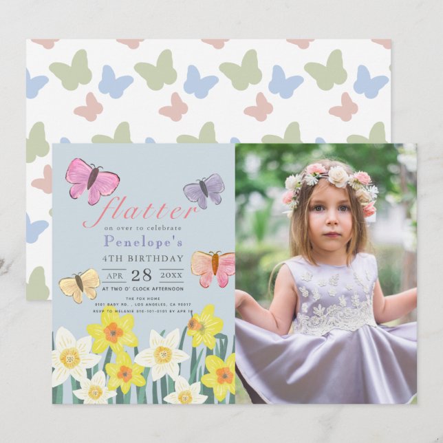 Invitation Petite papillon Daffodil Girl Birthday Photo (Devant / Derrière)