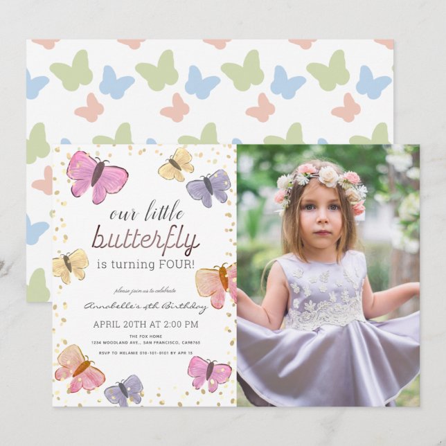 Invitation Petite Papillon fille Anniversaire Photo Invitatio (Devant / Derrière)