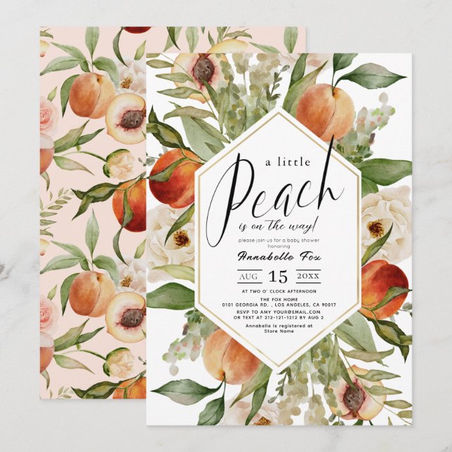 Invitation Petite Pêche Floral Aquarelle Fille Baby shower (Devant / Derrière)
