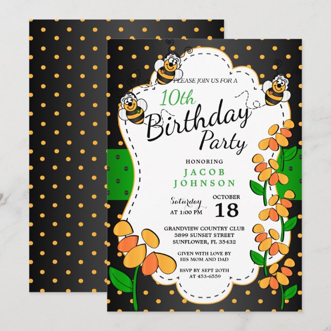Invitation Petite petite bourde d'abeilles d'anniversaire (Devant / Derrière)