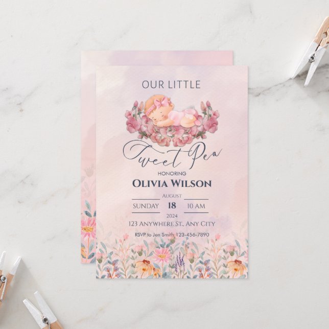 Invitation Petite pois doux | Baby shower de fleurs roses mig (Devant/Arrière en situation)