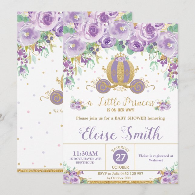 Invitation Petite princesse Baby shower Carriage Floral viole (Devant / Derrière)