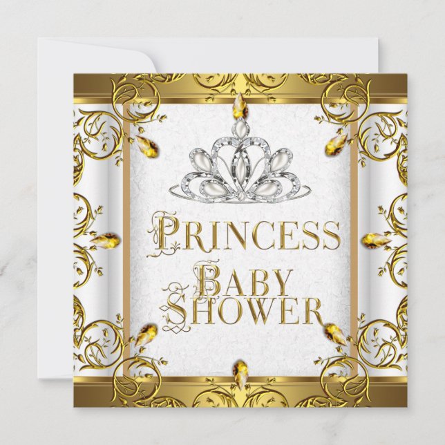 Invitation Petite princesse Baby shower fille or blanc Tiara (Devant)