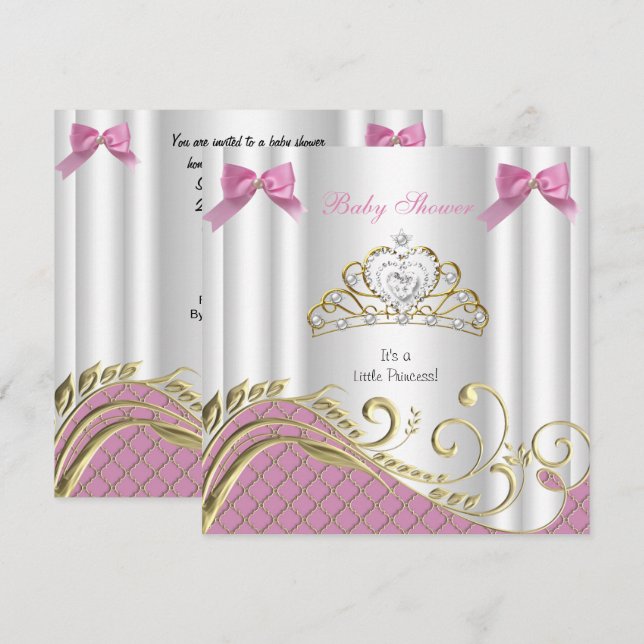 Invitation Petite princesse Baby shower fille rose blanc or 3 (Devant / Derrière)