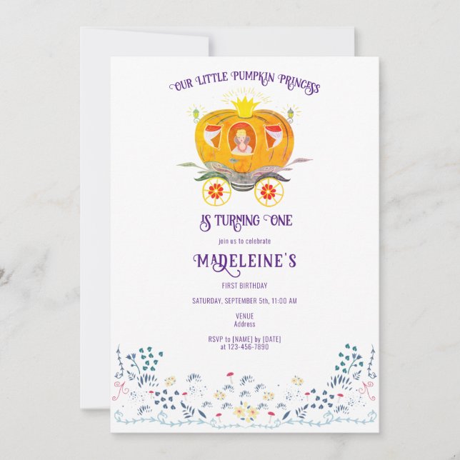 Invitation Petite princesse Citrouille Fleur sauvage 1er anni (Devant)