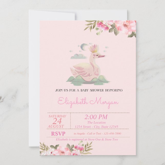 Invitation Petite princesse, Cygne, Couronne, Baby shower Flo (Devant)