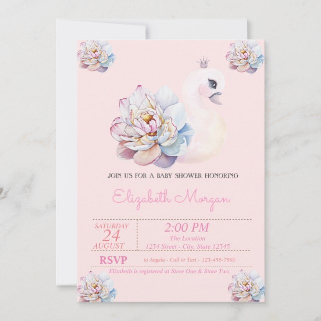 Invitation Petite princesse, Cygne, Fleurs Baby shower rose (Devant)