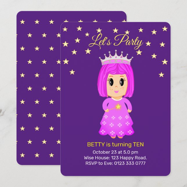 Invitation Petite princesse et étoiles sur Royal Purple (Devant / Derrière)