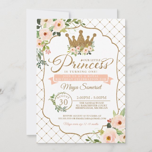 Invitation Petite princesse Floral et anniversaire royal d'or (Devant)