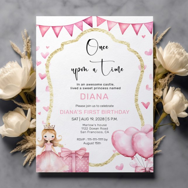 Invitation Petite princesse rose 1er anniversaire (Créateur téléchargé)