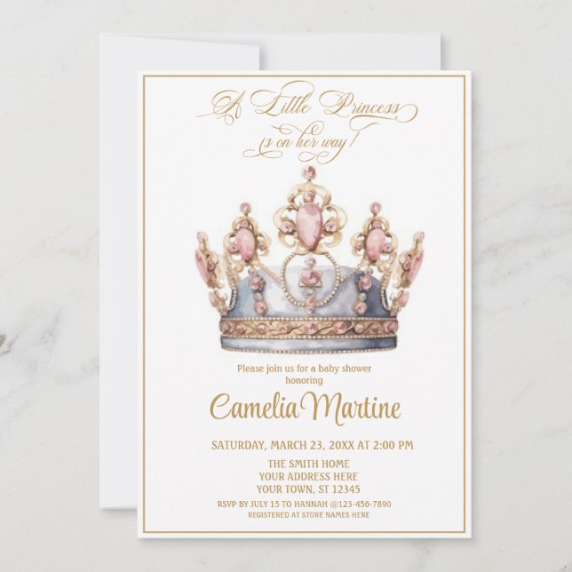 Invitation Petite princesse rose et baby shower or (Devant)