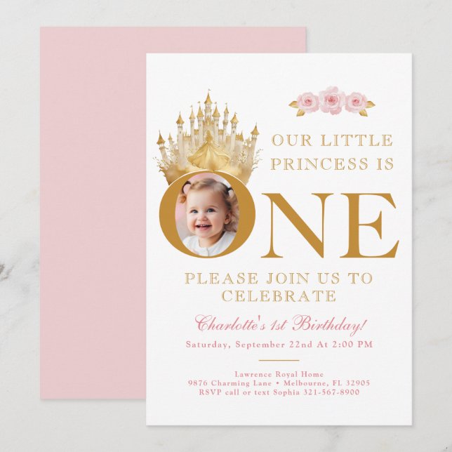 Invitation Petite princesse rose et or 1er anniversaire Photo (Devant / Derrière)