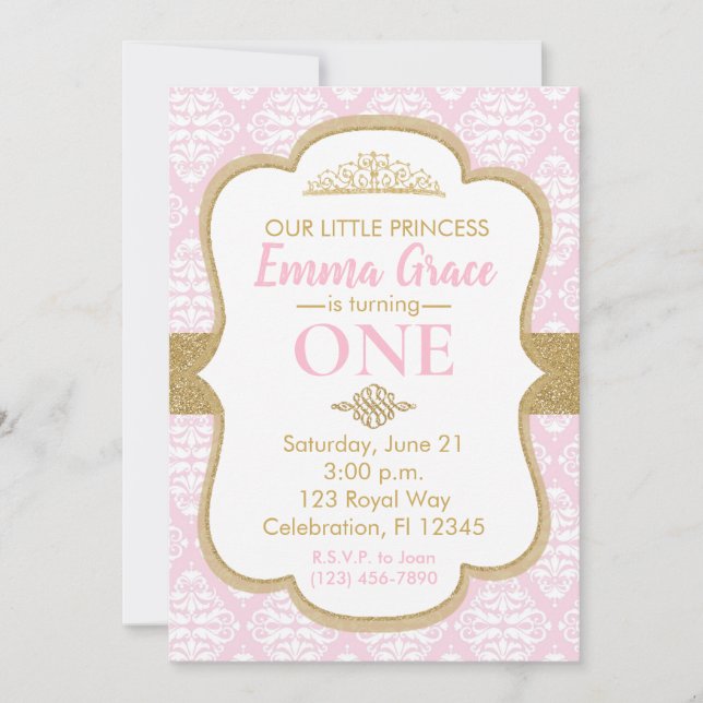 Invitation Petite princesse rose et or Premier anniversaire (Devant)