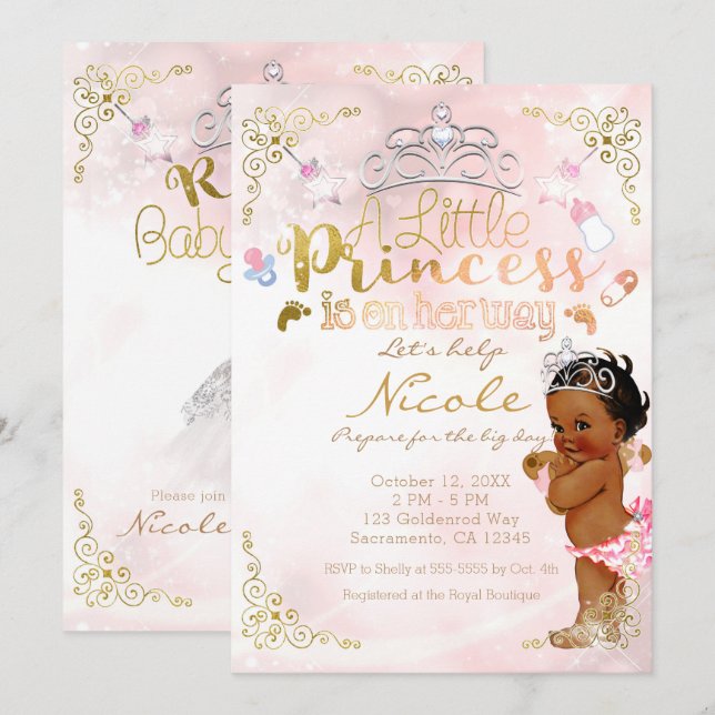 Invitation Petite princesse rose ethnique sombre bébé fille d (Devant / Derrière)