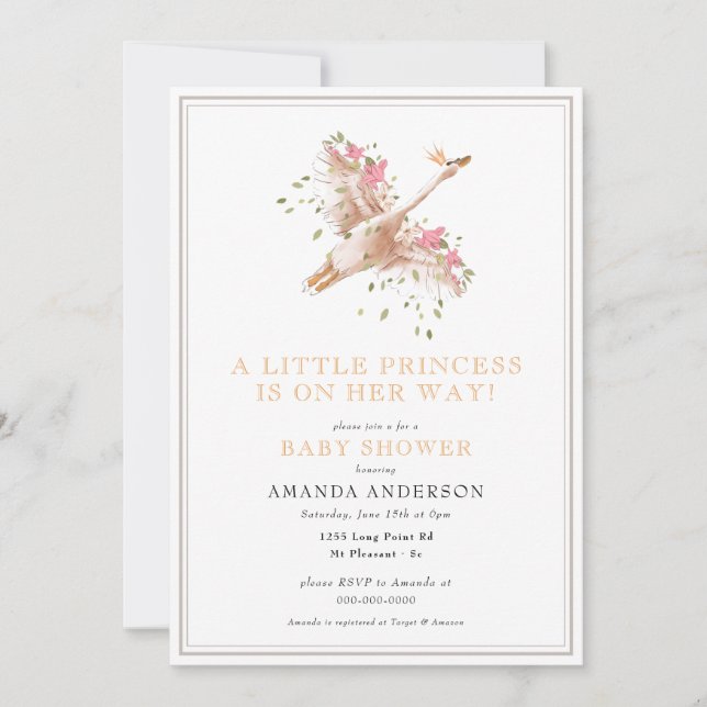 Invitation Petite princesse Swan Floral Girl Baby shower rose (Devant)