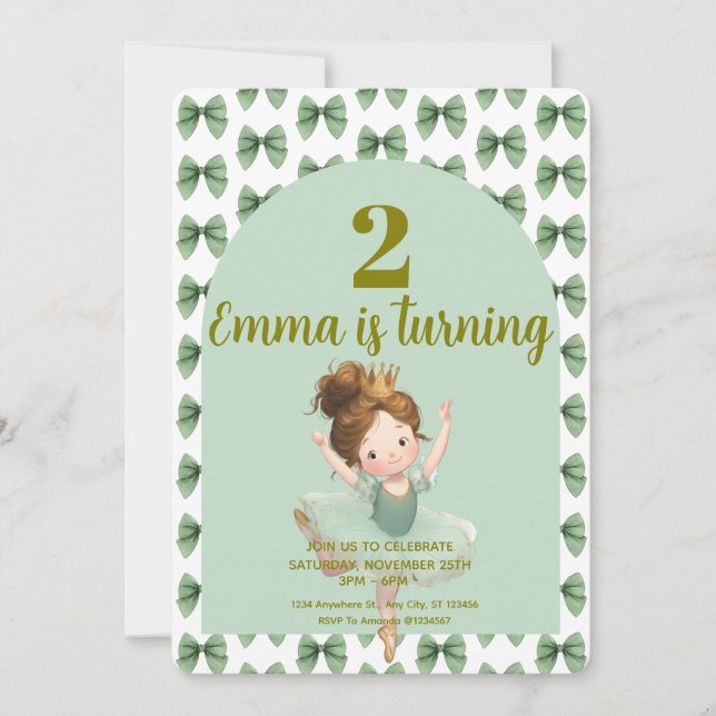 Invitation Petite Princesse Vert Menthe Balle  (Devant)