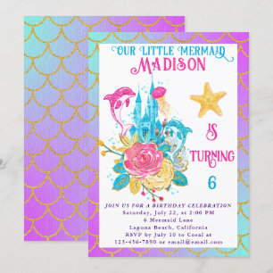 Invitation Petite Queue de sirène violet Turquoise Or Anniver