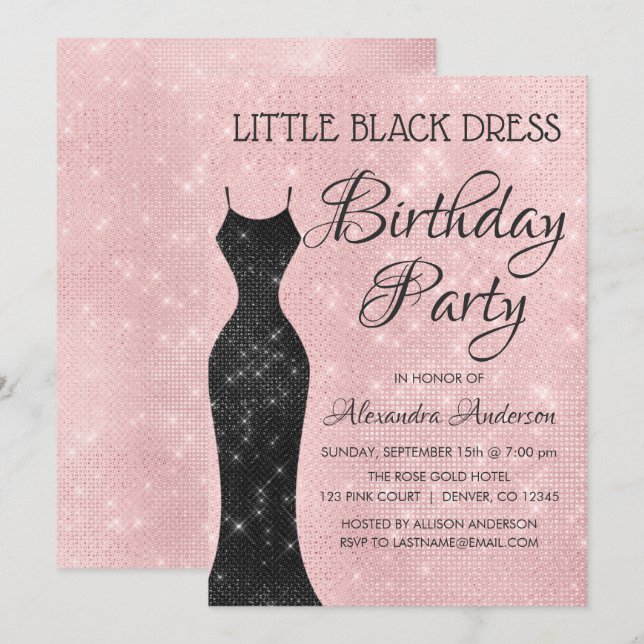 Invitation Petite robe noire Blush rose fête d'anniversaire (Devant / Derrière)