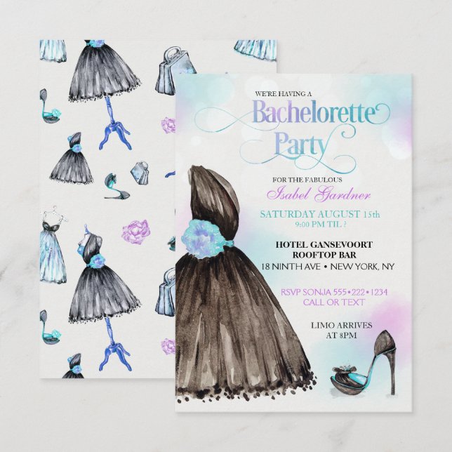 Invitation Petite robe noire Stilettos Bachelorette (Devant / Derrière)