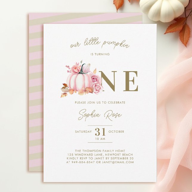 Invitation Petite rose Citrouille Roses Aquarelle 1er anniver (pink fall 1st birthday invitation watercolor pumpkin roses gold typography elegant)