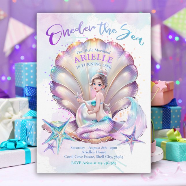Invitation Petite sirène 1er anniversaire ONE der La sirène d (Little Mermaid 1st Birthday ONEder The Sea Mermaid Invitation)