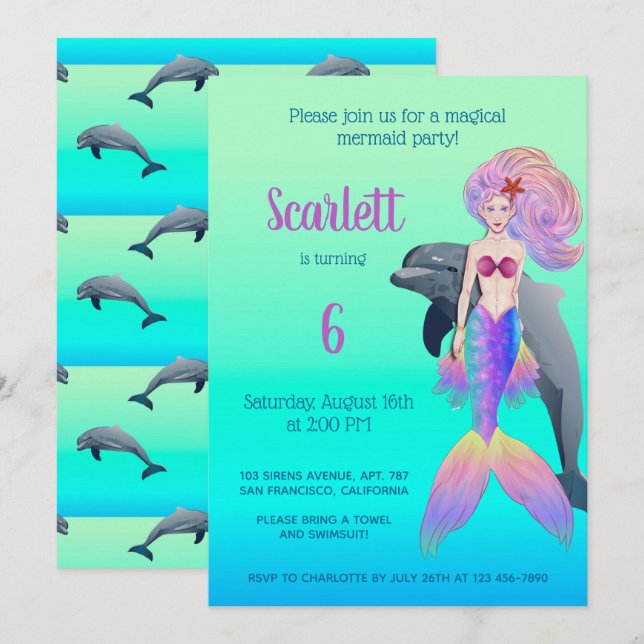 Invitation Petite sirène avec cheveux arc-en-ciel Anniversair (Devant / Derrière)