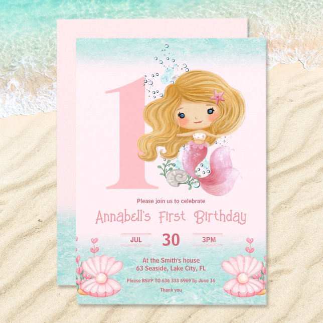 Invitation Petite sirène blonde rose 1er anniversaire Invitat (1st Birthday invitation with a cute mermaid )