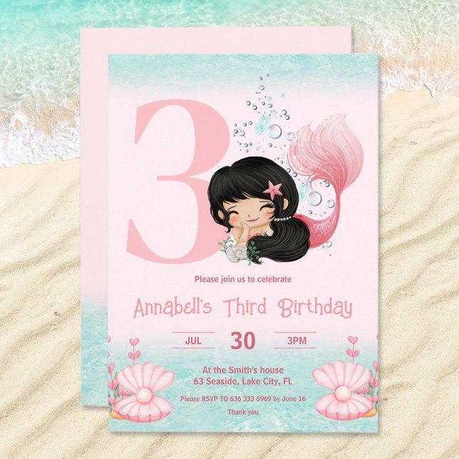 Invitation Petite sirène cheveux foncé rose fille Anniversair (Birthday invitation with cute mermaid with dark hair. For blonde please visit the store :))