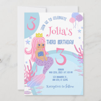 Invitation Petite sirène cheveux rose rose 3e anniversaire In