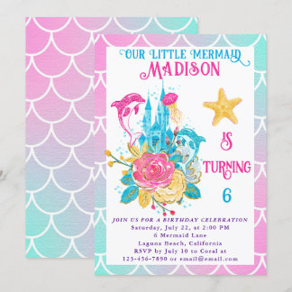 Invitation Petite Sirène Échelle Rose Turquoise Blanc Anniver