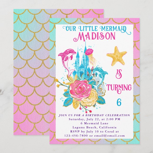 Invitation Petite Sirène Échelle rose Turquoise Or Anniversai (Devant / Derrière)