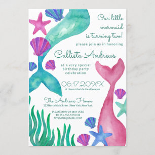 Invitation Petite Sirène Queues Coquillages Aquarelle Anniver