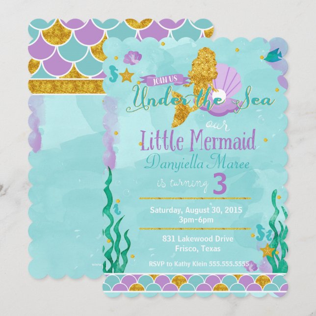 Invitation Petite sirène sous la mer Anniversaire de enfant I (Devant / Derrière)