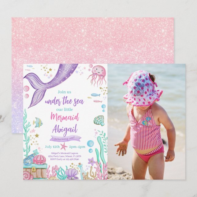 Invitation Petite Sirène Sous La Mer Photo Anniversaire (Devant / Derrière)