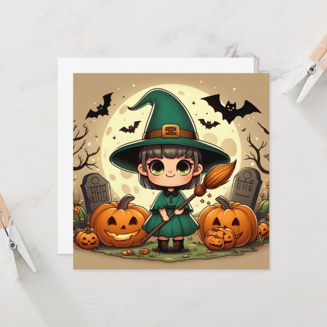 Invitation Petite sorcière kawaii avec citrouilles d'Hallowee (Devant/Arrière en situation)